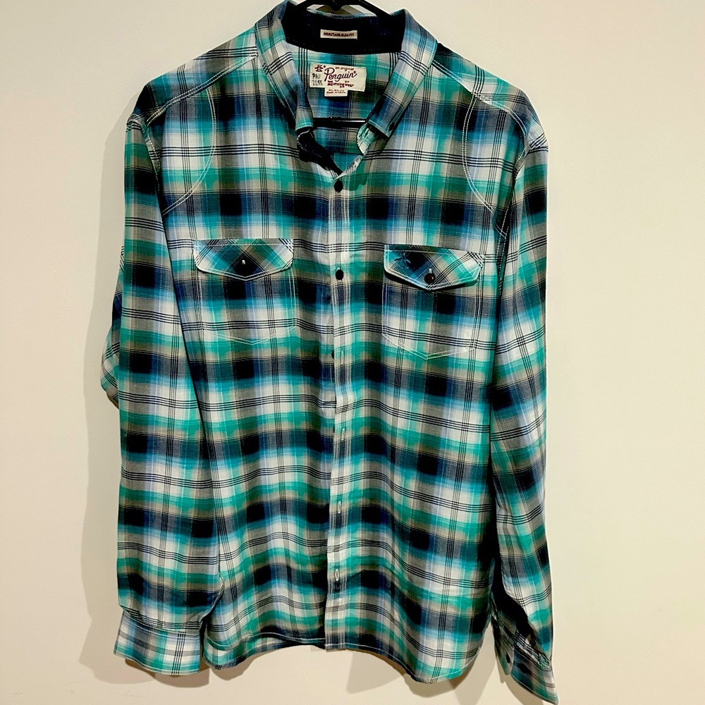 Men’s Penguin Plaid Button Down Collared Shirt XL